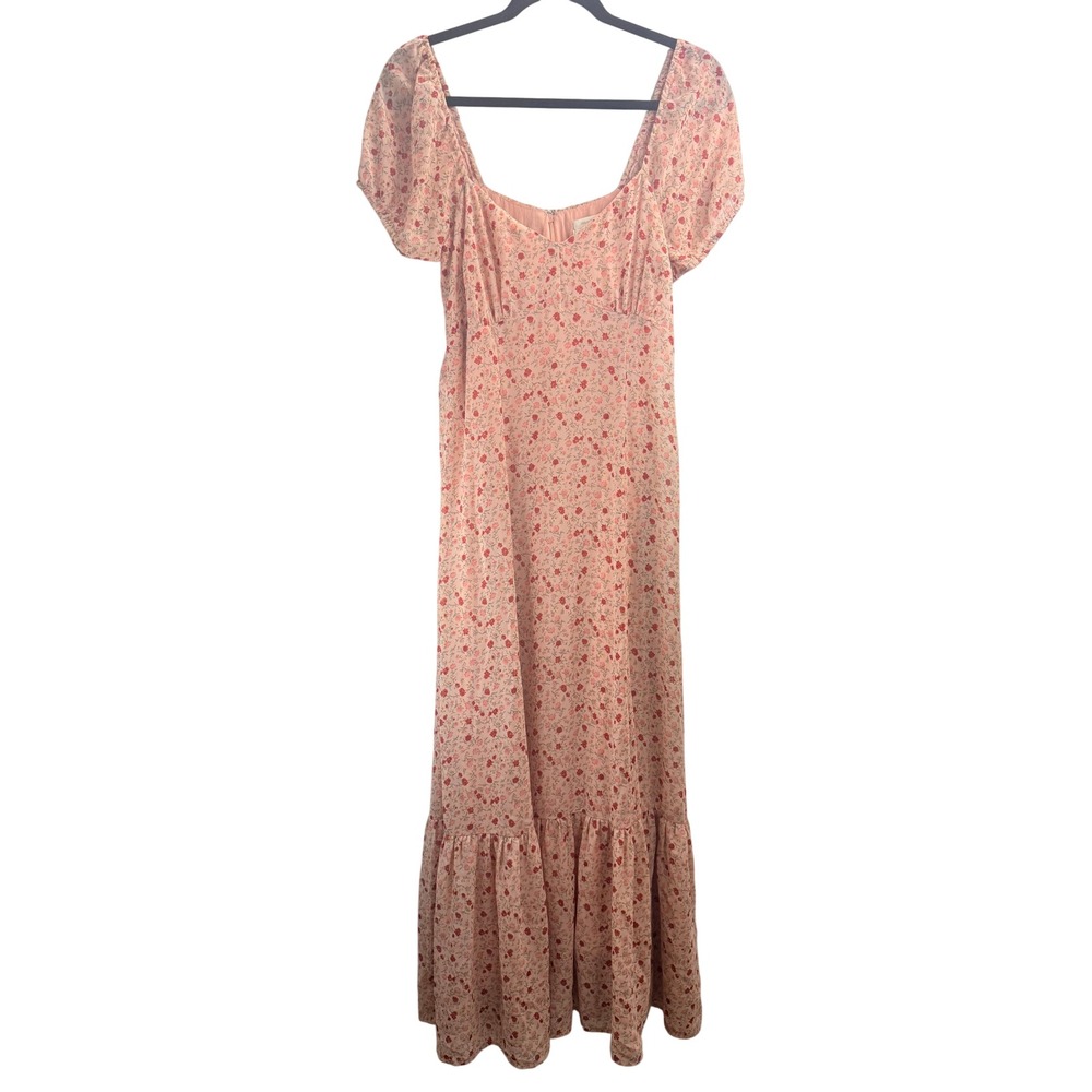 Urban Outfitters Women's Peach Floral Puff‎ Sleeve Tiered Maxi Dress Sz M Boho